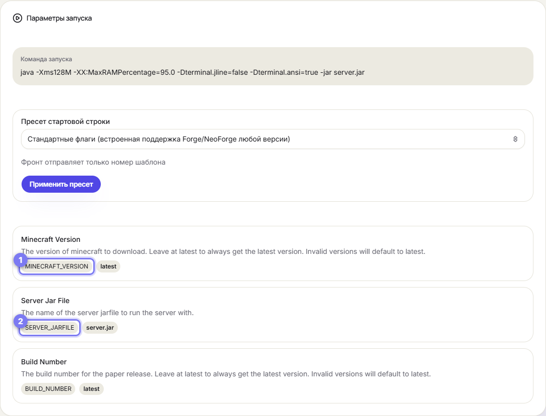 Вкладка «Запуск»: переменные MINECRAFT_VERSION и SERVER_JARFILE